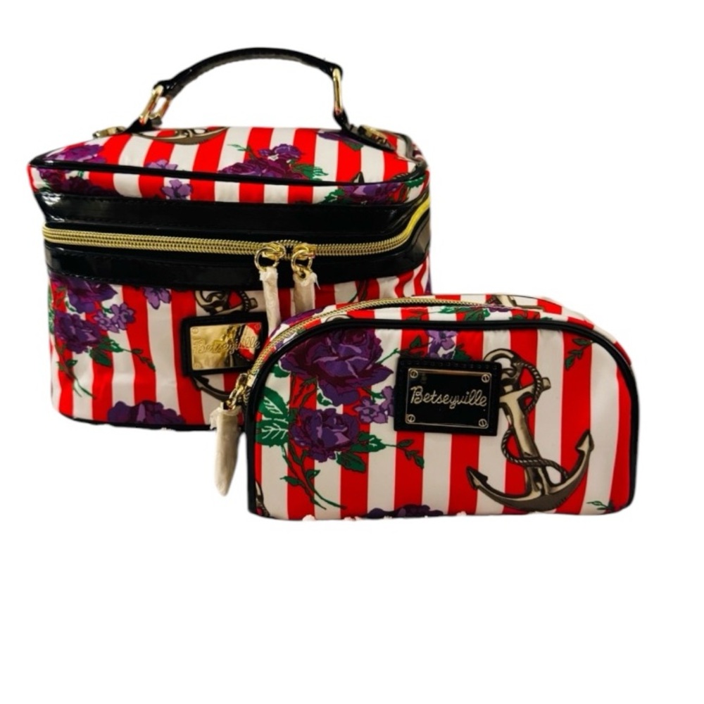 Betsey Johnson Striped Floral Bag Set - Red and Purple